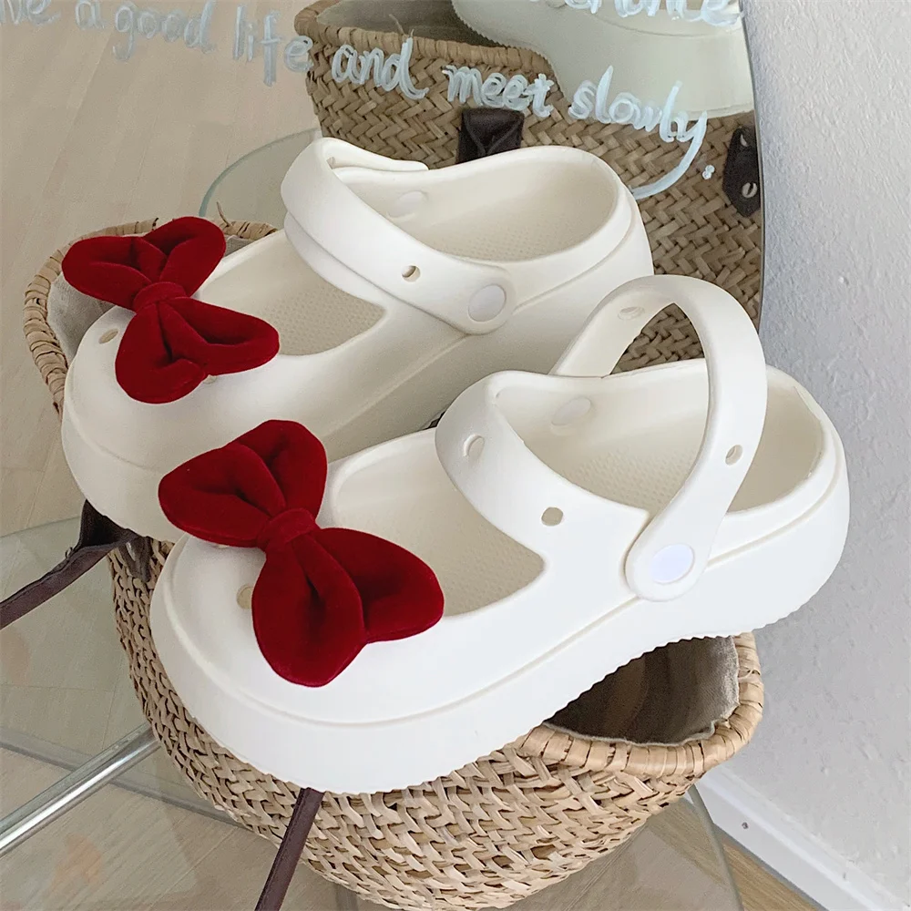 Sweet Cute Bowknot Mary Jane Hole Shoes Women\'s Garden Shoes DIY Hollow Out Slipper Summer Wearing Sandals Cosplay