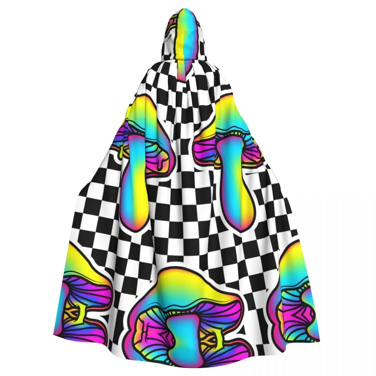 Adult Cloak Cape Hooded Magic Checkerboard Mushroom Medieval Costume Witch Wicca Vampire Elf Purim Carnival Party