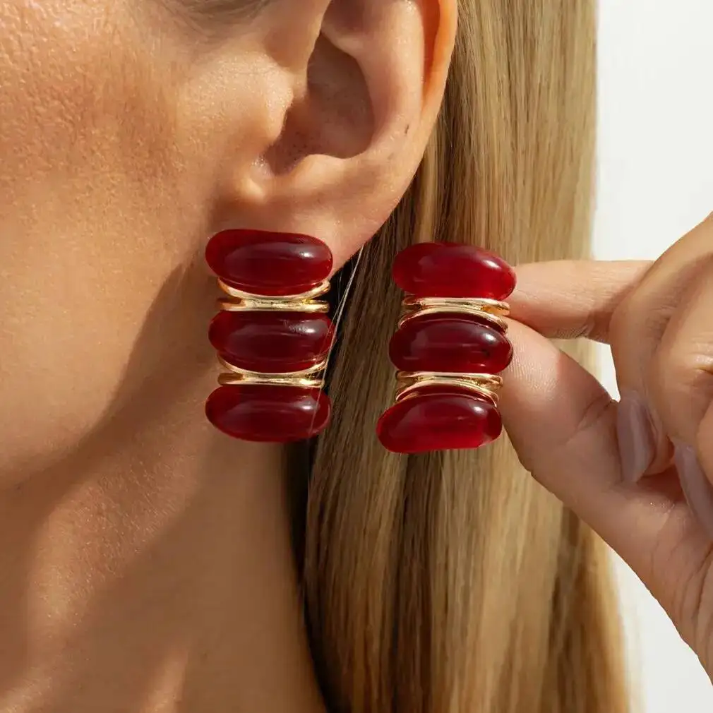 SHIXIN Creative Red Resin Acrylic Stud Earrings for Women Retro Elliptical Geometric Piercing Earrings New Year Party Jewelry