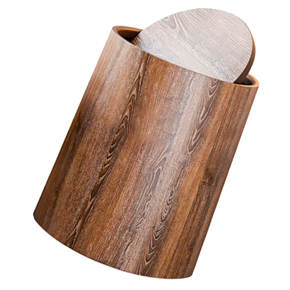 

Imitation Wood Grain Trash Can Round Swing Lid Garbage Bucket Lightweight Household Waste Bin Kitchen Toilet Bathroom