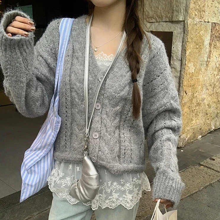 

Harajuku Casual loose Chic V-neck Y2k Sweater Long Sleeve Women Cardigan Sweater Korean solid streetwear simple Tops short Coats