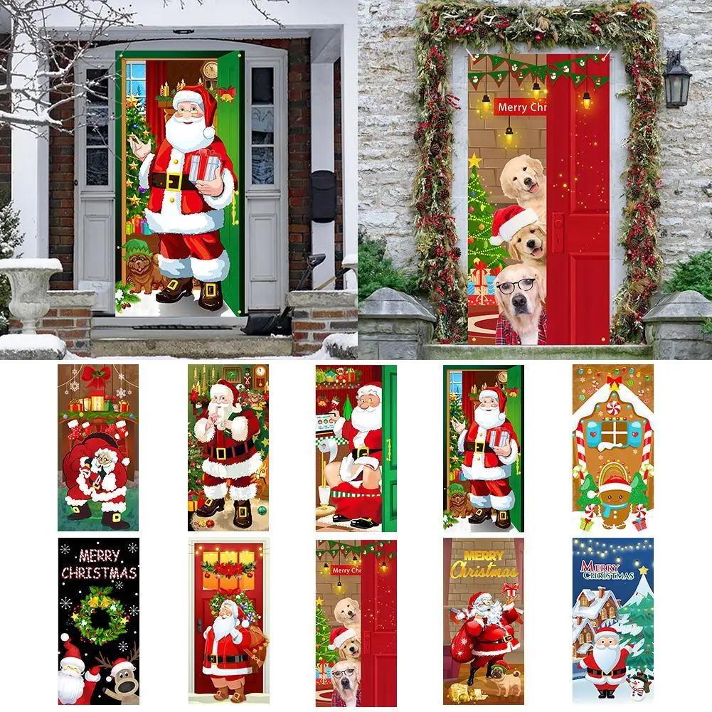 2024 Christmas Front Door Decoration, New Printed Christmas Santa Claus Door Cover Banner Front Door Party Supplies