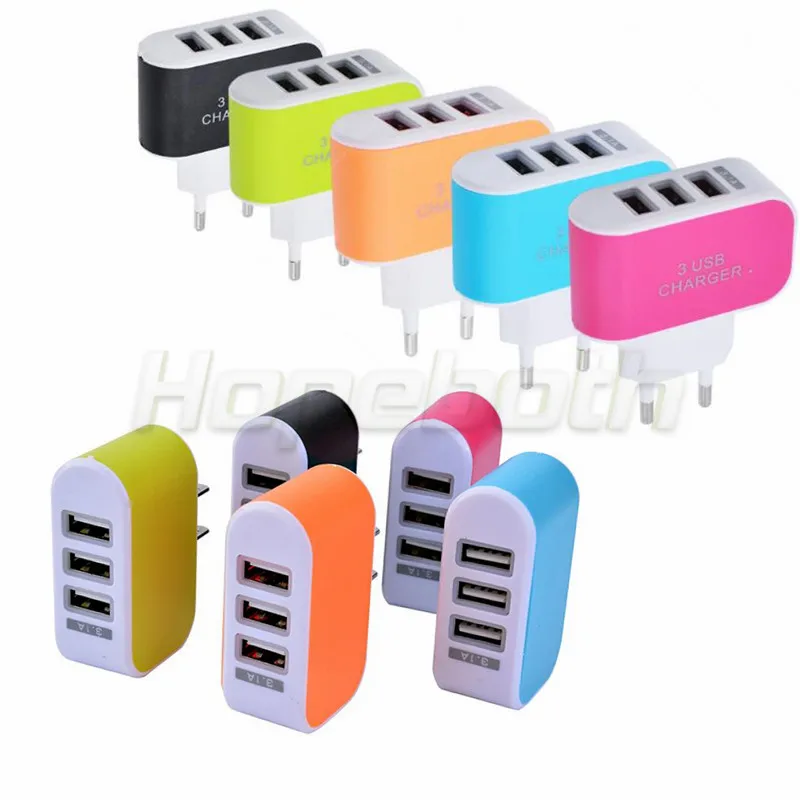 100Pcs/lot Candy Color 5V 3A US EU Plug 3 Ports Triple USB Wall Home Charger AC Adapter For IPhone X 8 7 For Samsung S6 S7 S8