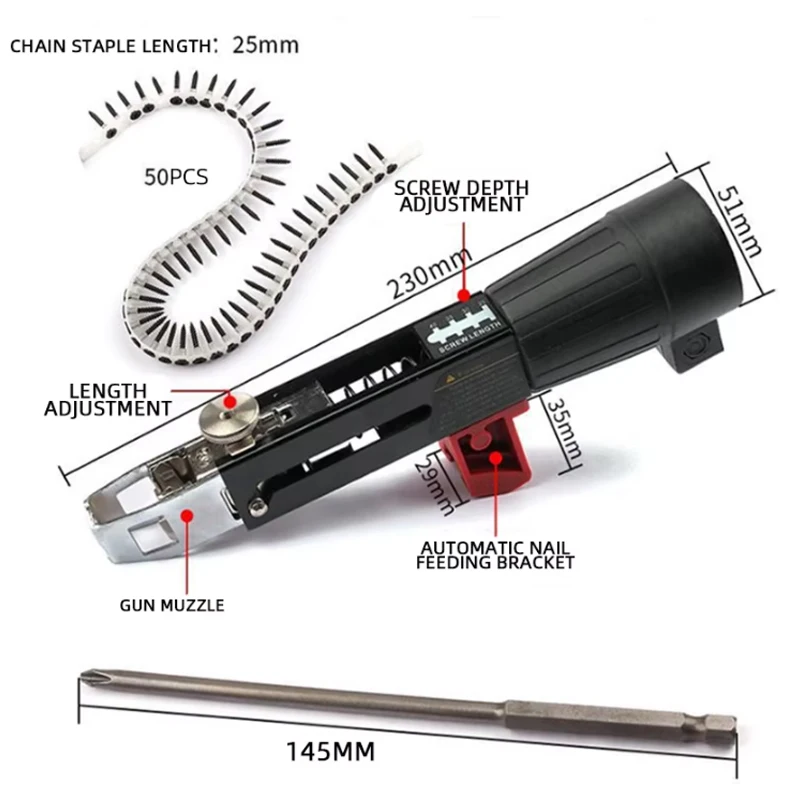 1 Set Rechargeable Chain Screw Gun Head, Automatic Nail Gun, Electric Batch Woodworking Decoration, Self Tapping Screwdriver