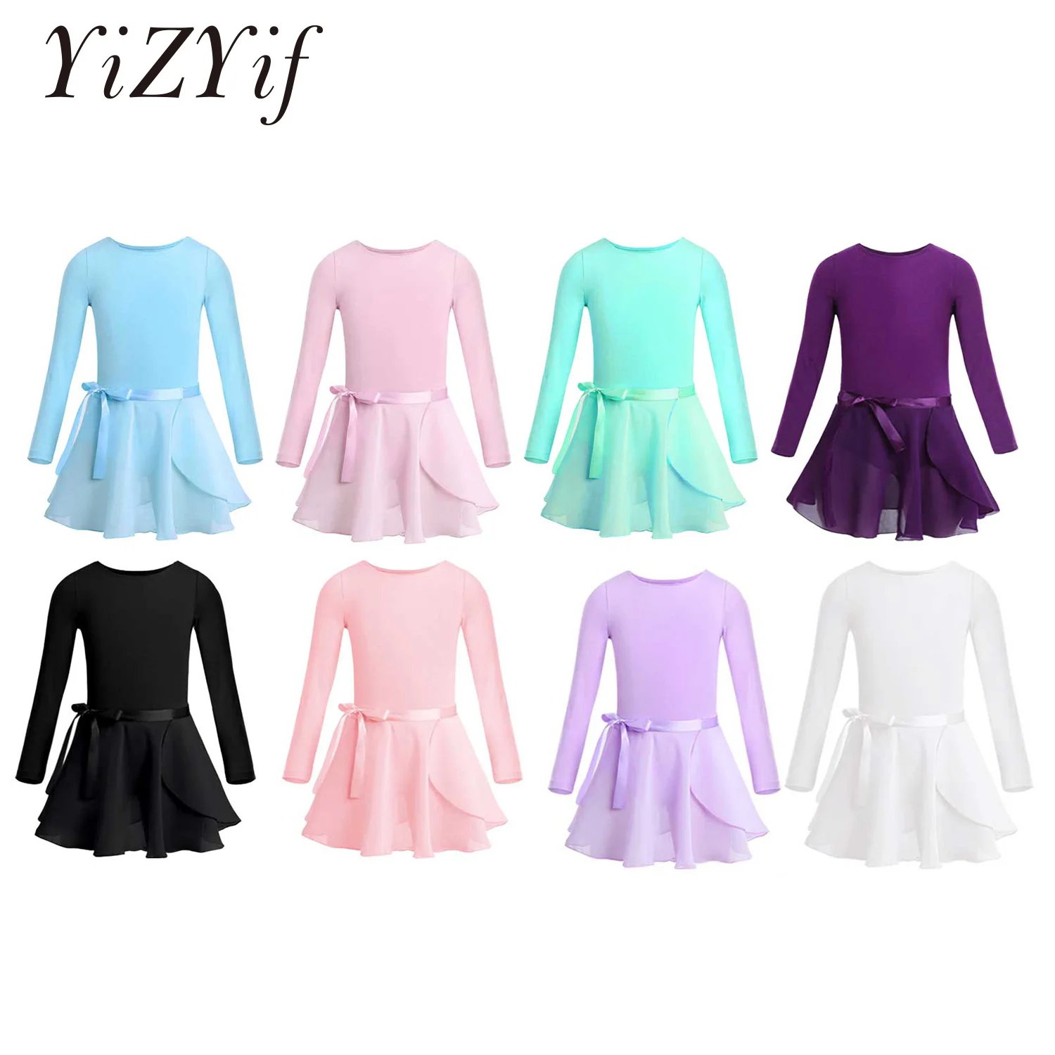 Girls Ballet Leotard Dress Dancewear Cotton Long Sleeves Gymnastics Leotard with Chiffon Tied Skirt Outfit Ballet Tutu Dress