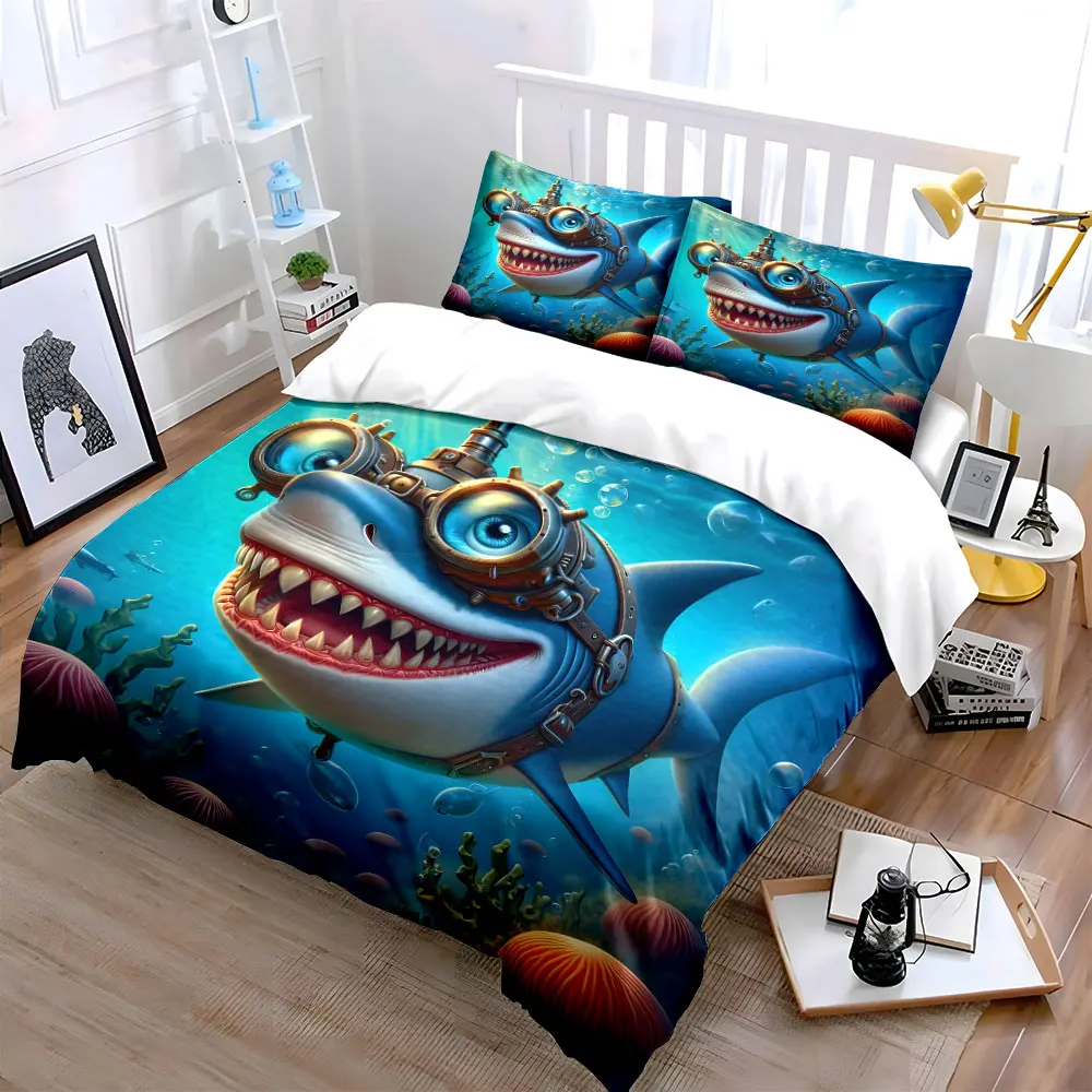 Smiling mechanical shark with goggles Print Soft Comfortable Duvet Cover Bedding Set Included 1*Duvet Cover 2*Pillowcases