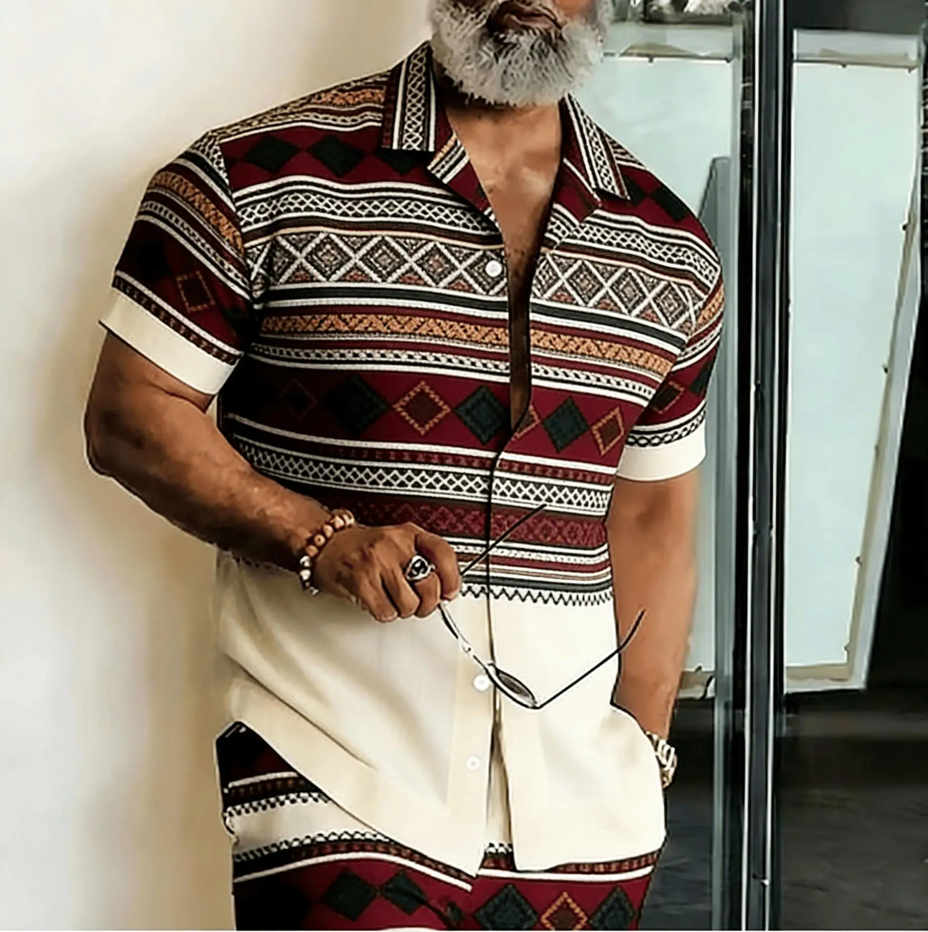 Men's Ethnic Geometric Stripe Patchwork Short Sleeve Shirt, Spring Summer Bohemian Blouse, Loose Casual Top