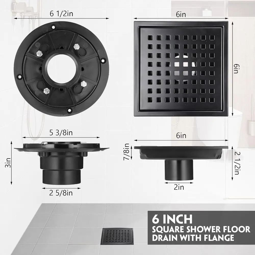 Ralo de Chuveiro Quadrado Preto Fosco de 6 Polegadas com Grelha Removível, Aço Inoxidável 304