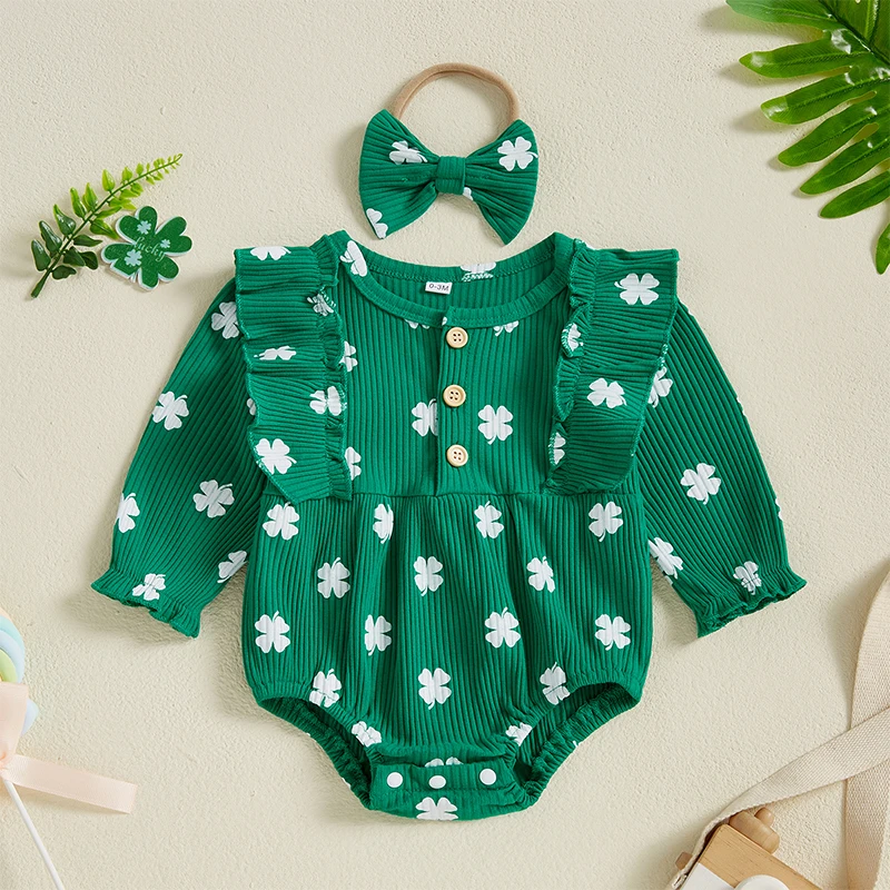 

St Patrick s Day Green Shamrock Print Romper with Matching Bow Headband for Baby Girls Irish Toddler Outfit Set