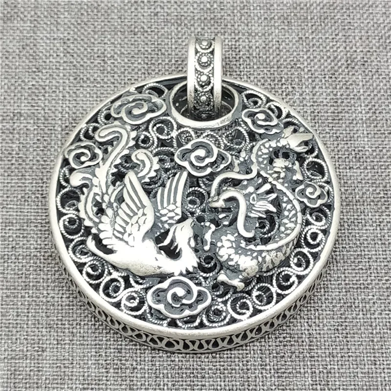 1 Piece Phoenix and Dragon Round Pendant in 925 Sterling Silver for Necklace Making