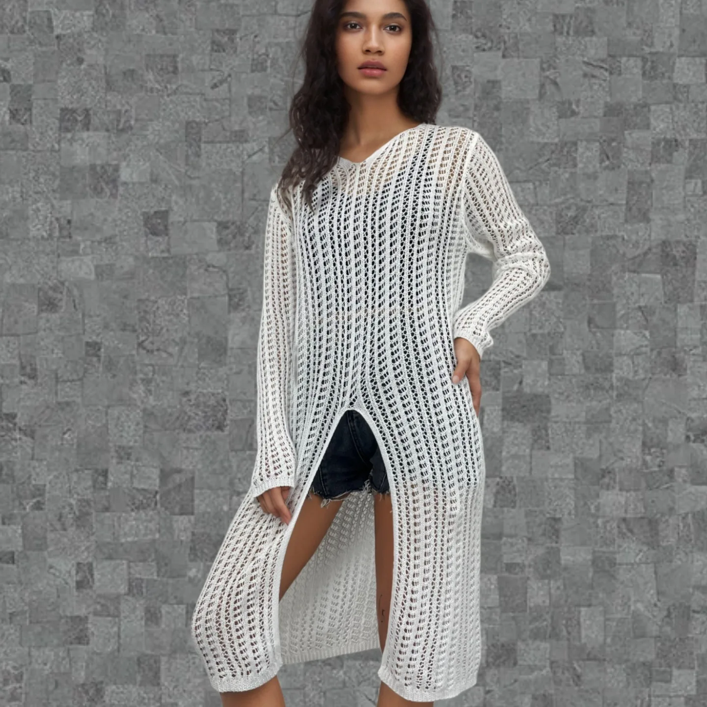 

Knee Length Pullover K Pop Sweaters Jumpers Women Plush Semi-High Autumn Lady Hipster Kintted Chic Buttonless Grid Foldover Soft