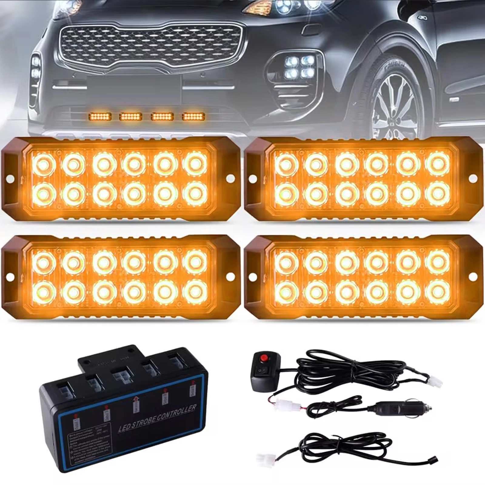 

4 in 1 Car 12LED Car Universal Warning Emergency Strobe Grille Lights Flashing Caution Hazard Light Bar Used for Trailers/Trucks