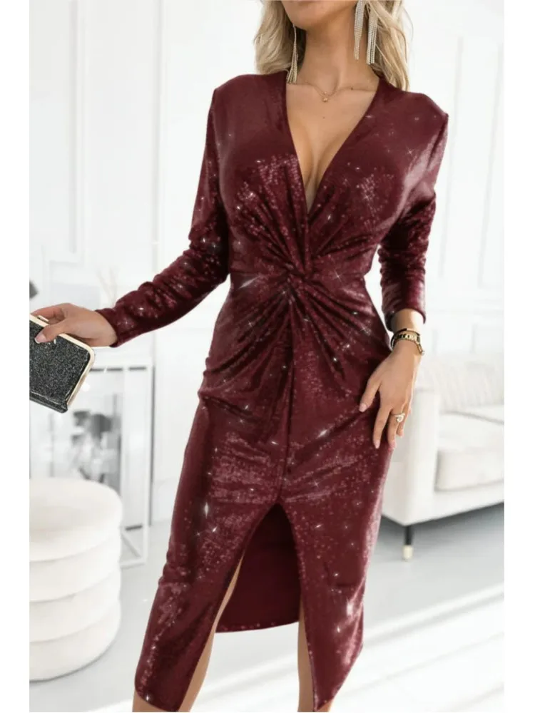 

Fashion Sequin Long Sleeve Midi Dress Women 2025 New Deep V Twist Front Split Hem Slim Fit Party Clubwear Formal Dress Vestidos