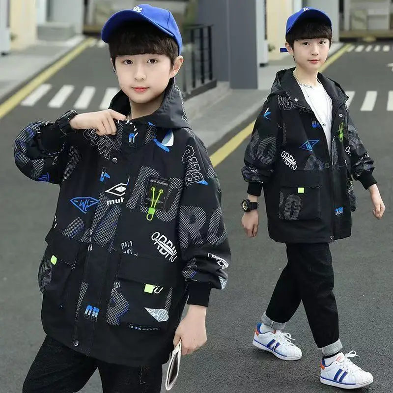 Children Boys Sring Autumn Coat Fashion Hooded Cardigan Zipper Letter Pocket Windbreaker Jacket Outwear Kid Sport Boutique Tops
