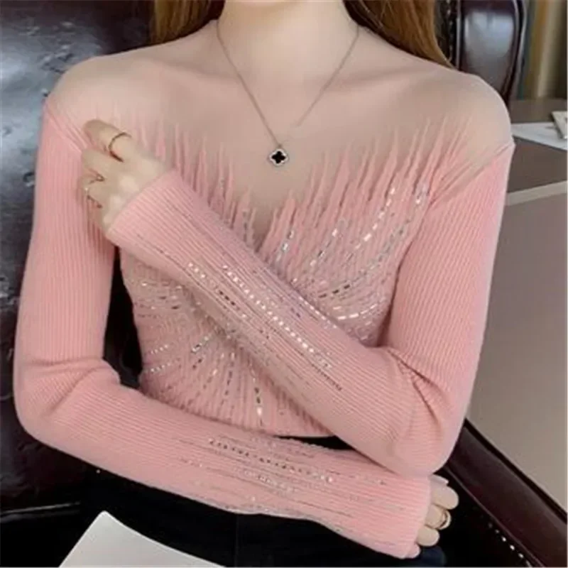 Fall Winter Korean Clothes Knitted Mock Neck Sweaters Chic Sexy Spliced Mesh Diamonds Women Pullover Long Sleeve Drill Tops