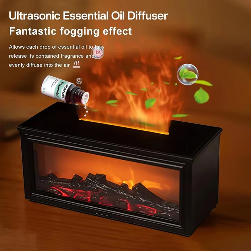 Eseential Oil Diffuser, Fireplace Flame Oil Diffuser - Aromatherapy Aroma Humidifier, Upgrade 7 Flame Colors Noiseless 280ml