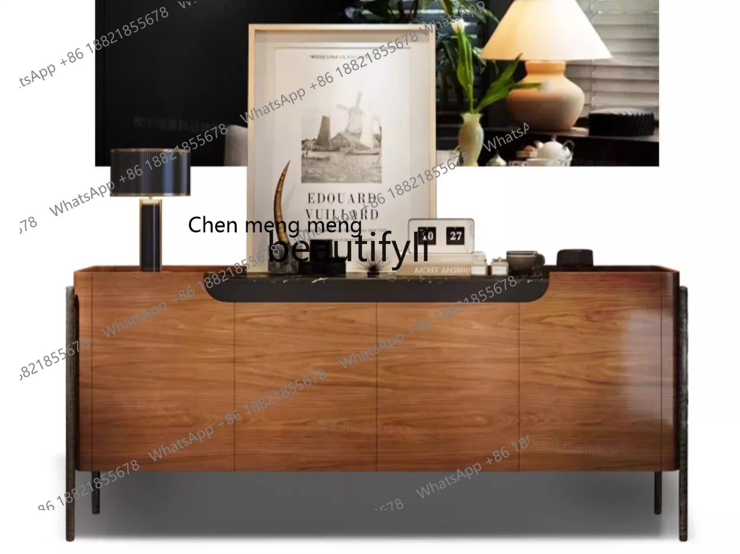 

ss8350 French retro style home entrance cabinet villa living room high-end solid wood locker Italian marble dining side cabinet