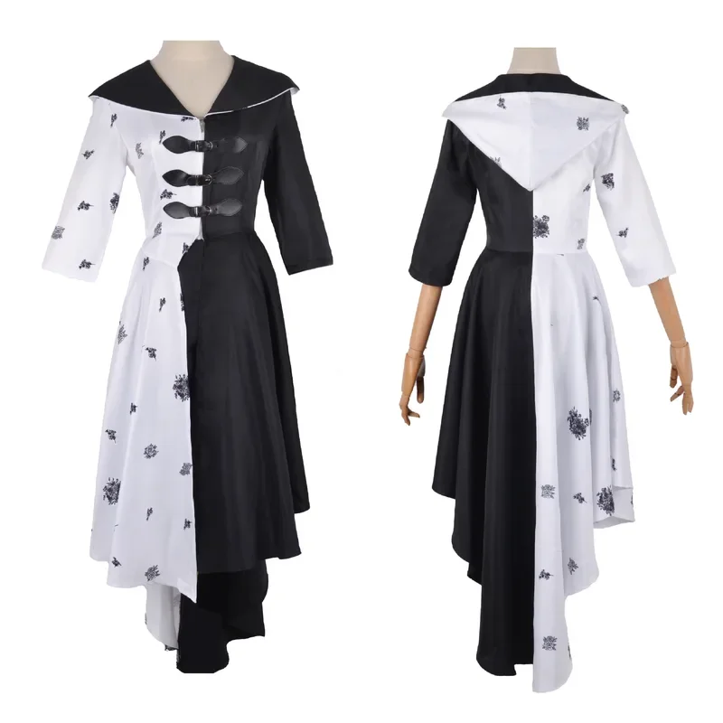 Girl movies Cruella cosplay costume adult women dress Halloween 101 daltics black white clothes