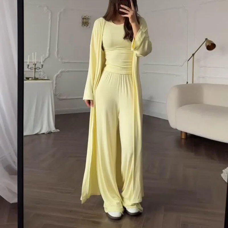 Women Cardigan Vest Wide Leg Pants 3 Piece Sets Top Long Coat Trousers Suit Office Lady Ensemble Spring Summer 2026 Outfits