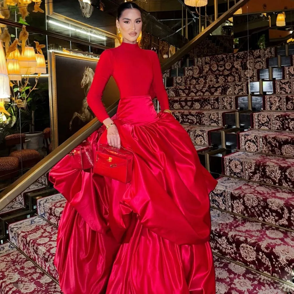 

Christmas Red Evening Party Skirts Two Layers Draped Satin Long Maxi Skirt Saias For Women Office Lady Birthday Skirt