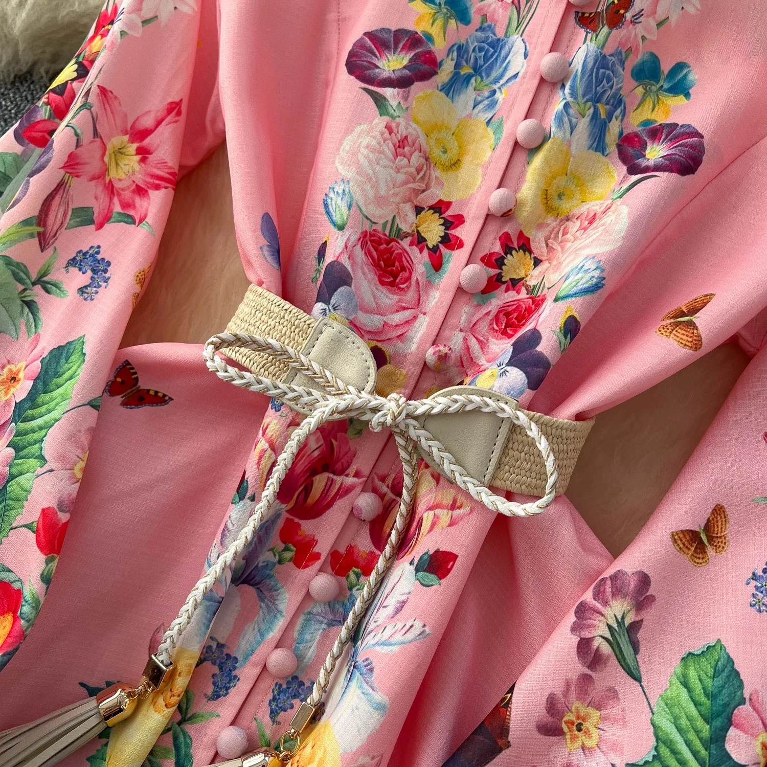 Primavera Autunno Vacanza Fiore Boho Abito da donna Stand Lanterna Manica Cintura A-Line Beach Party Vestido Bottoni Up Maxi vestiti