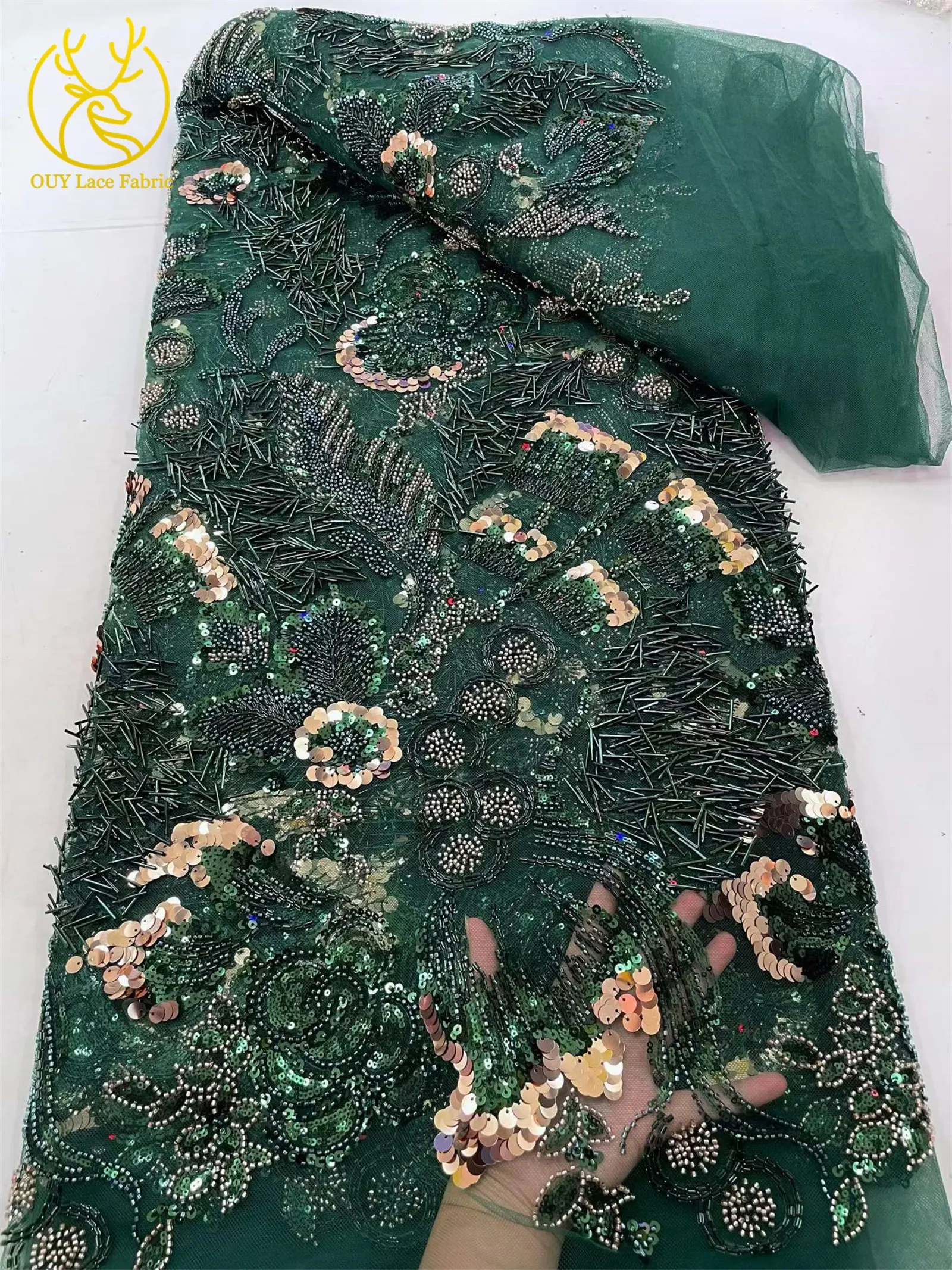 2026 Neuer Stil Luxuriöses Blumen-Perlen-Pailletten-Spitzendesign Hochwertiger Afrikanischer Spitzenstoff für Damen Hochzeitskleid Partykleid Nähen – Detail 9