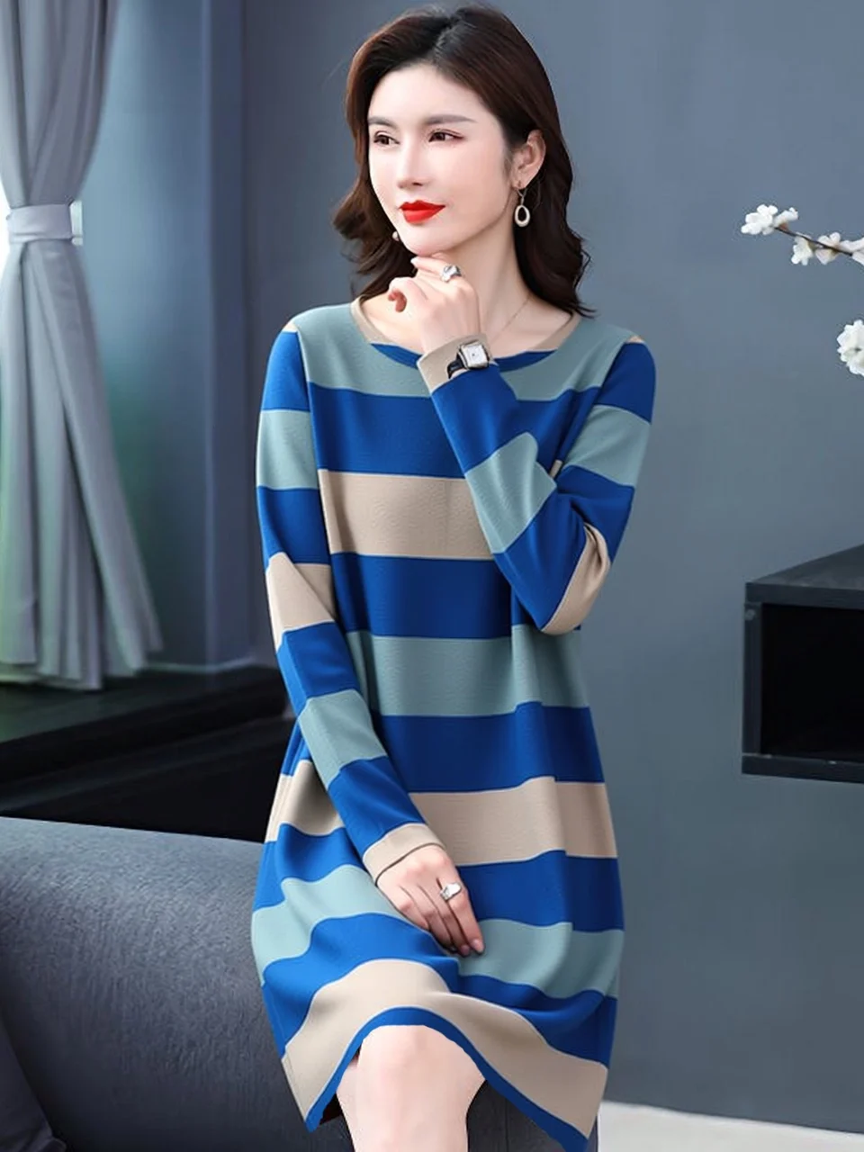 

Casual Stripe Long Sleeve Midi Dress Slimming Age-defying Belly Concealing for Middle-aged Women Polyester Fiber round Neck D...