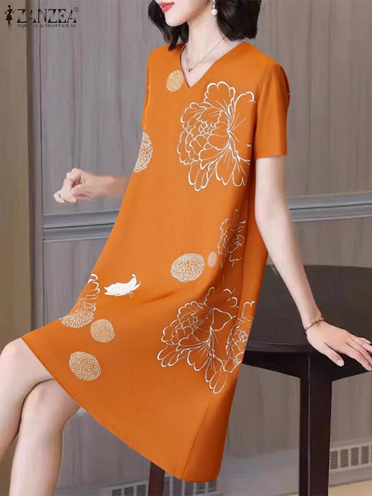 Abito elegante con stampa Abito estivo al ginocchio retrò Casual scollo a V Manica corta Abiti ZANZEA 2025 Abito da festa estivo oversize