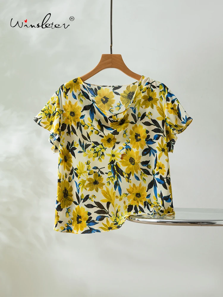 Winsleter-100%Real Silk Double Crepe Elegant T-Shirt, Short Sleeve Floral Print, Women Thin Loose Top, 2026 Summer New T66602CC