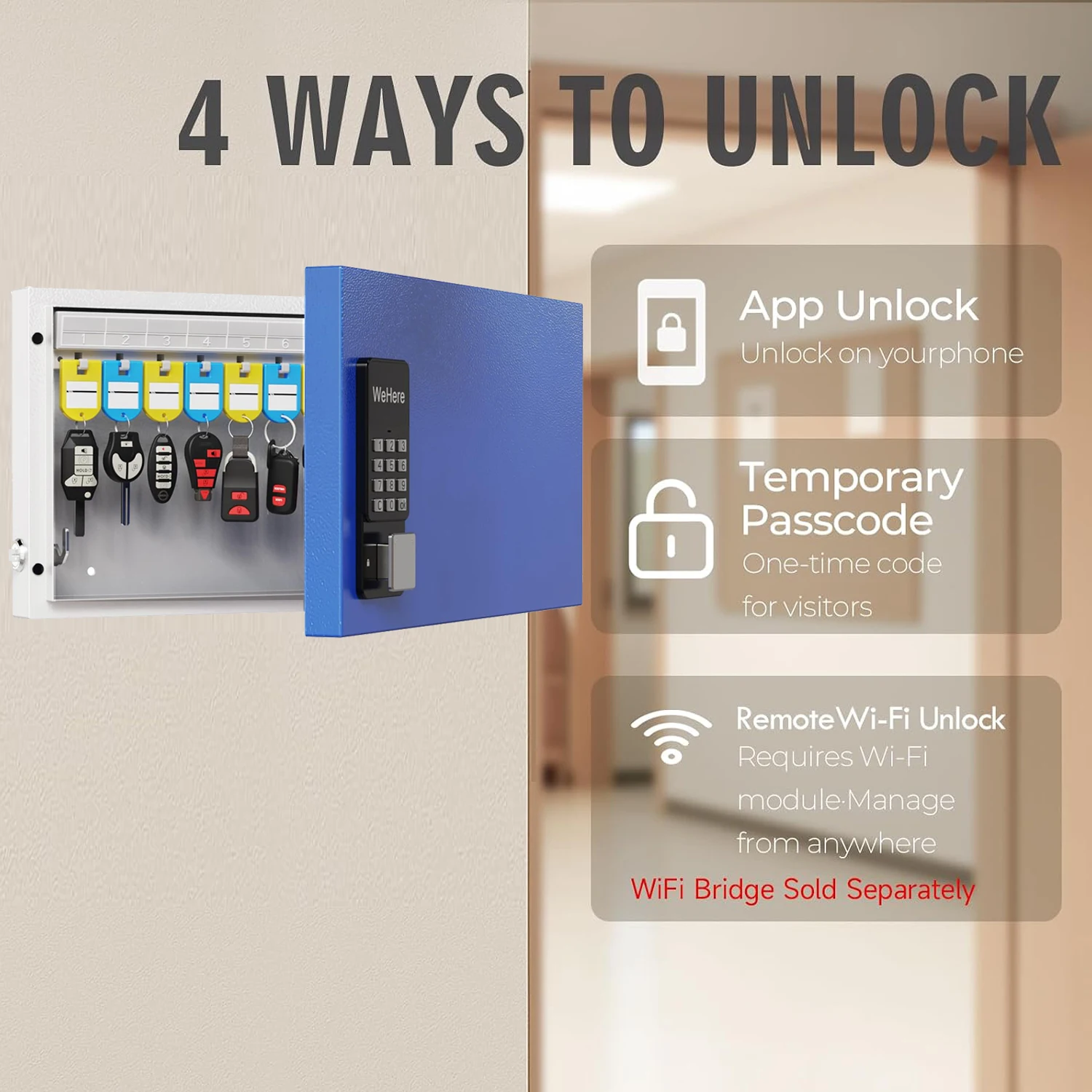 WeHere Smart Lock Box Wall Mount Storage Cabinet with Remote Authorization Bluetooth WiFi Code Key Unlock - Capacity for 24 Keys