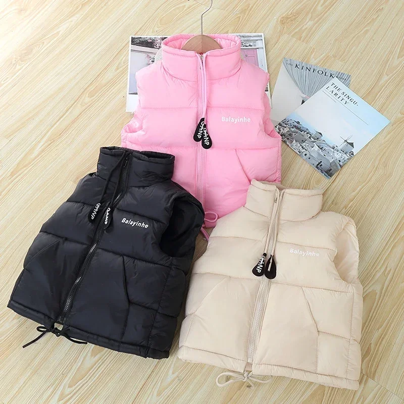 Children Vest Jacket Coat Letter Pull Rope Zipper Sleeveless Warm Boy Girl Outerwear 2024 Autumn Winter Teenager Kids Waistcoat