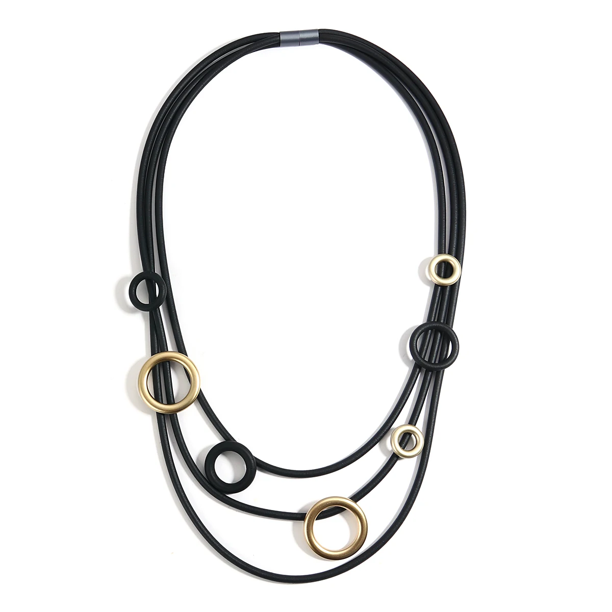 Amorcome Fashion Multilayer Black Rubber Long Necklace Simple Aluminum Alloy Round Pendant Necklaces for Office Ladies Jewelry