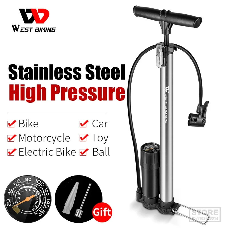 

WEST BIKING 160PSI Bike Floor Pump High Pressure Gauge Air Inflator Cycling Accessories Presta Schrader MTB Road Bicycle Pump