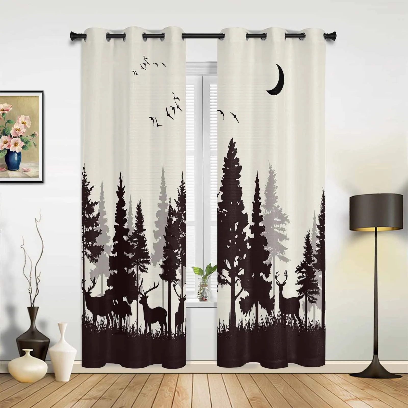 Forest Silhouette Deer Animal Bird Moon Nature Window Curtains for Living Room Luxury Bedroom Curtains Coffee Dining Room Drapes