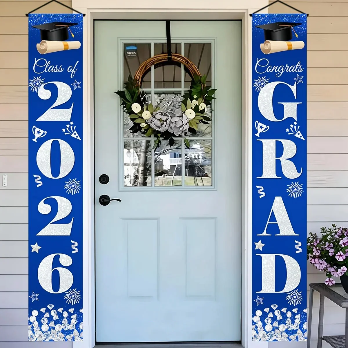 Juego de Pancartas Azules para Graduación 2026, Decoración para Puerta con la Frase "Clase de 2026" y "Felicidades Graduado" con Birrete y Diploma para Fiesta de Graduación