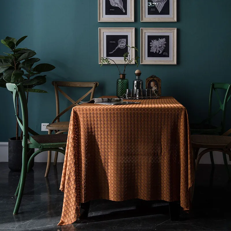 French Vintage Jacquard Lace Tablecloth Household Rectangular Solid Hollow Tea Table Cover Simple Orange Dust Cover for Home
