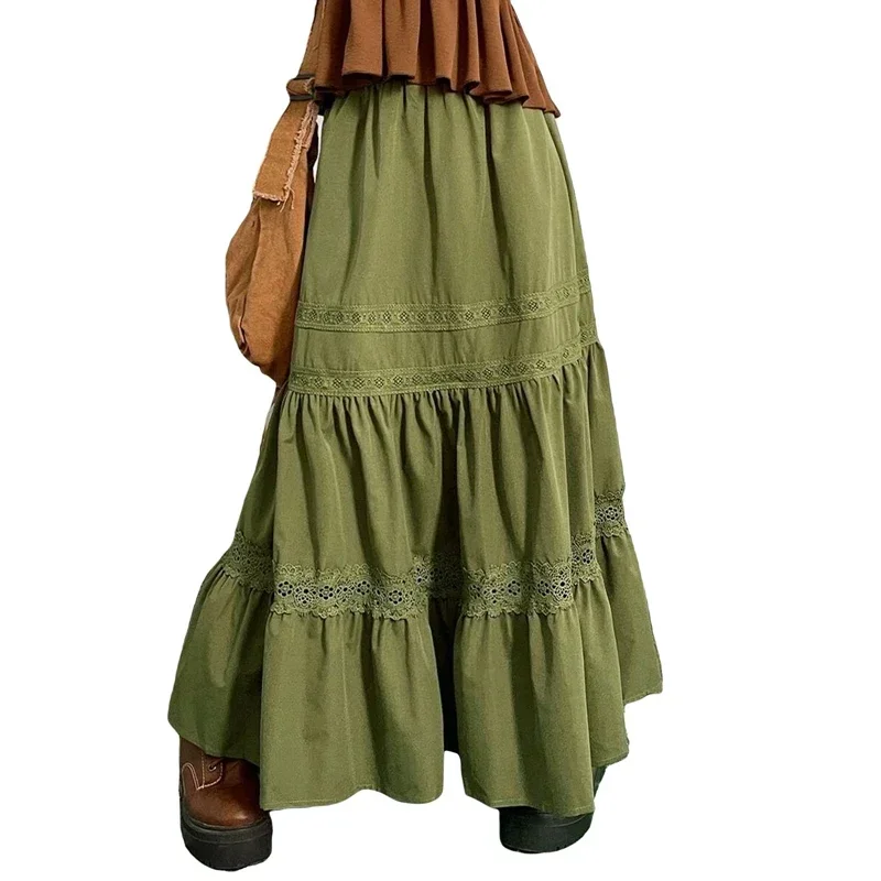 

90s Vintage Green Pleated Skirts Korean Fashion Holiday Boho High Waist Long Skirts Retro Y2K Fairycore Cute Lace Trim Clothes