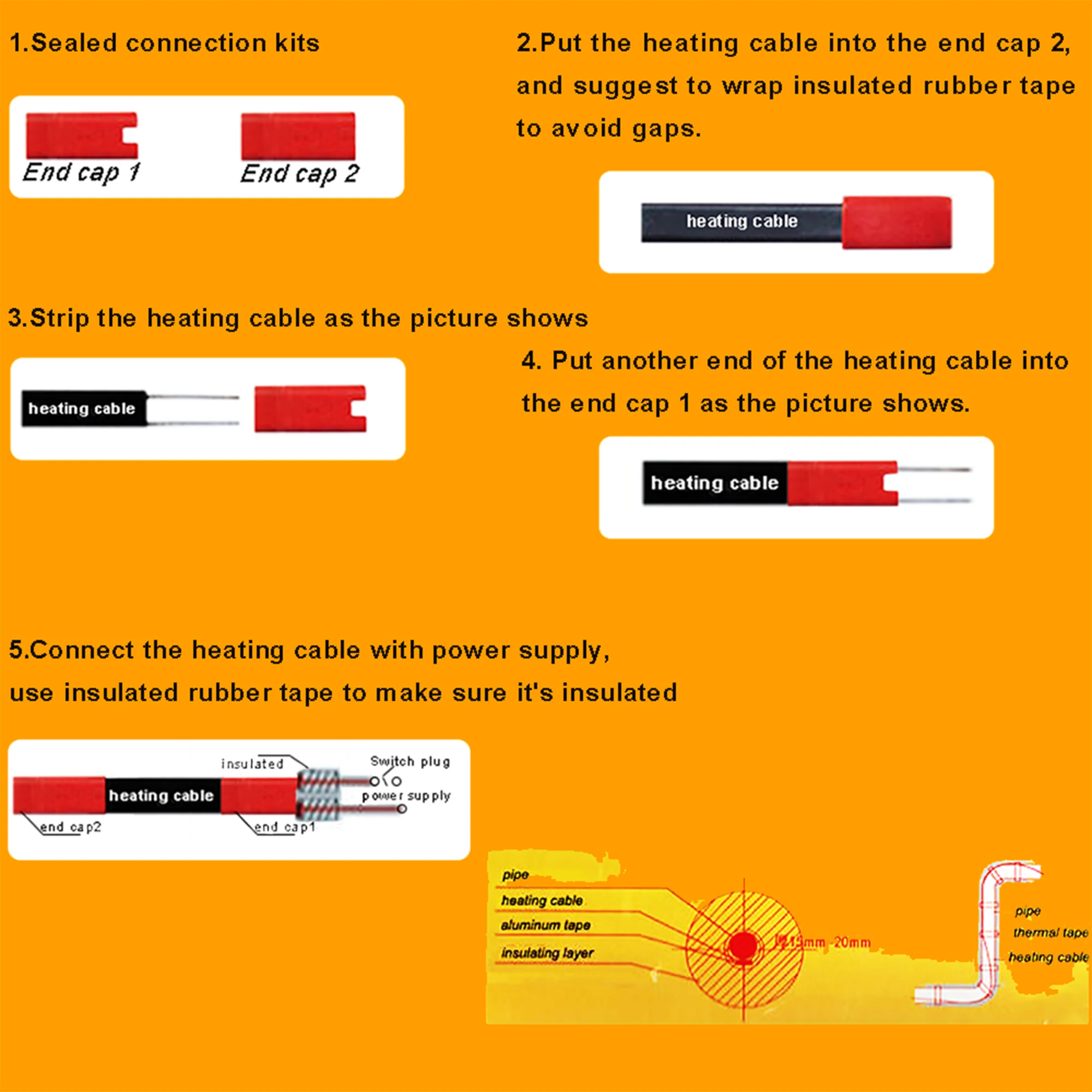 Connection Kits for Cable Heat Shrink Rubber End seal Cap and Connector Heating Cable Sealing, Self regulating Heating Cable