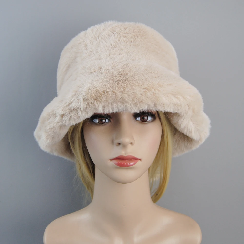 Hot Fashion Fake Rabbit Fur Hats Super Soft Women Winter Hat Cotton Lining Warm Russian Fashion Ski Beanies Plush Solid Color