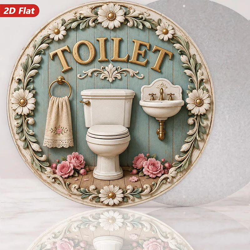 2D Flat, 2D Flat Wooden Sign: Vintage Floral Bathroom Themed Decorative Wood Plaque — Light Blue Distressed Wood Grain Round Bas