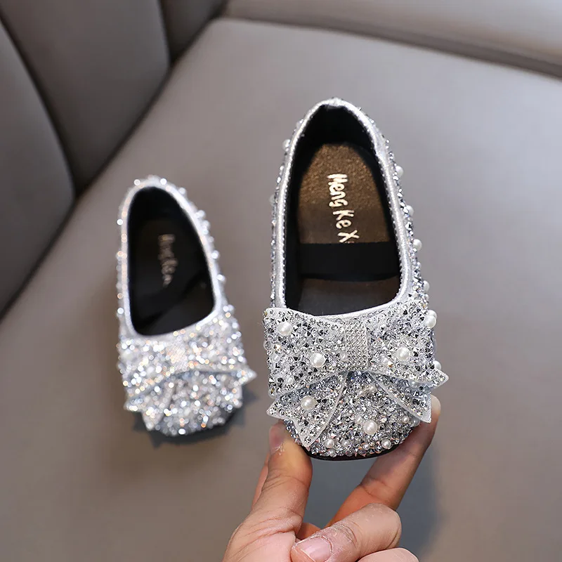 Girls Leather Shoes New Fashion Sequins Bling Bow Baby Girl Shoes Soft Bottom Kids Princess Party Dance Performance Shoes H791