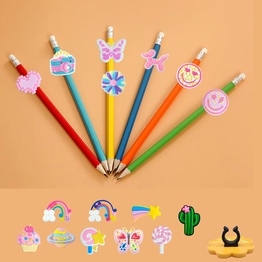 Kawaii Pastel PVC Pencil Topper Charms Rainbow Butterfly Planet Lollipop Detachable Pencil Decor Gift Stationery DIY Accessories