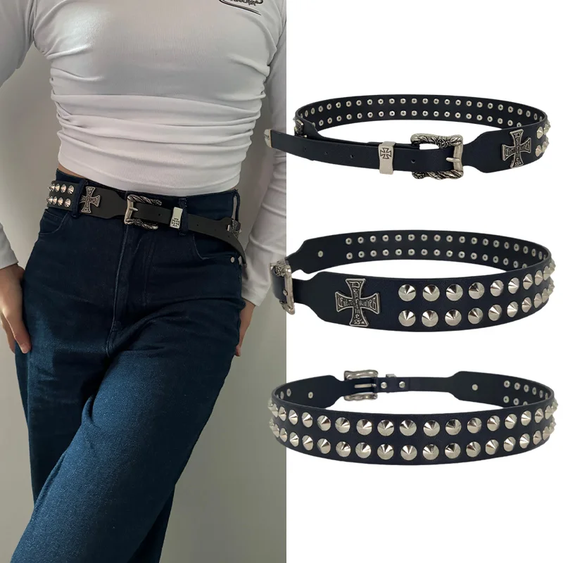 Unisex Cross Jeans Belt FeMale Gothic Accessory Punk Y2k Designer Belts For Women Hip Hop Plus Size Rivet Black Men's Belt Male