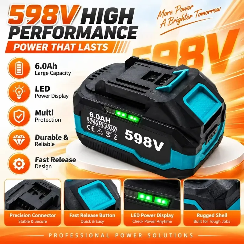 Batteria di ricambio agli ioni di litio da 598 V e 6,0 Ah per utensili elettrici a batteria, pacco batteria ricaricabile ad alta capacità con lunga durata, fissaggio sicuro, dissipazione del calore e