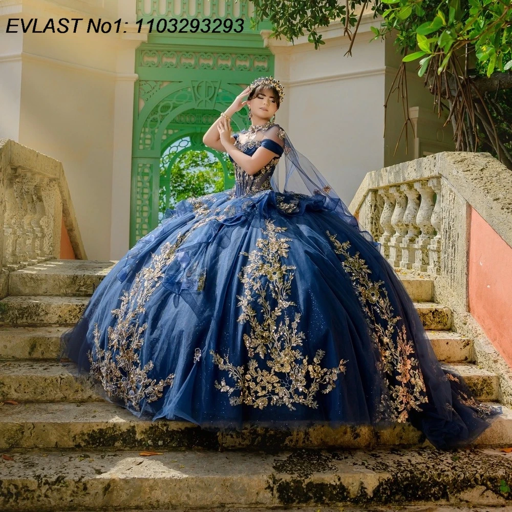 

EVLAST Customized Glitter Navy Blue Quinceanera Dress Ball Gown Gold Applique Beading Cape Sweet 16 Vestidos De 15 Anos E1QN771
