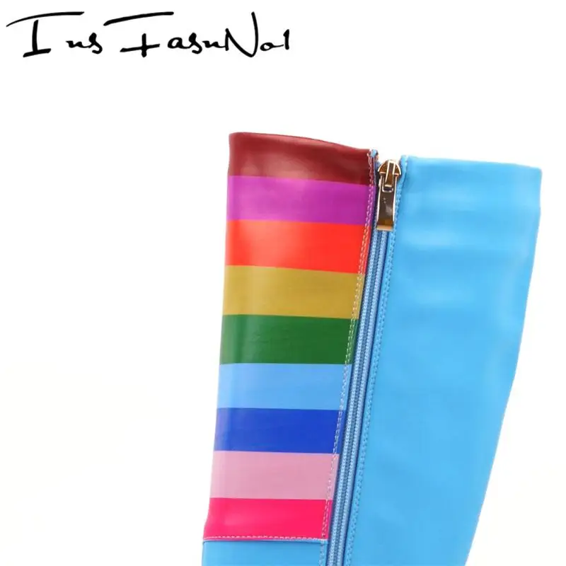 Colorful Rainbow Platform Knee Boots Cloud Blue Sky Graffiti Long Boots Designer Zip Shoes Square Wedges High Heel Sweet Botas