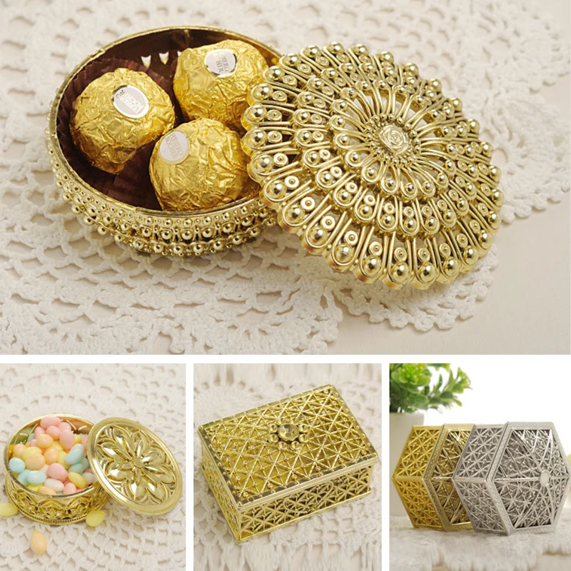 

12Pcs Hexagon Mini Gilt Silver Plastic Hollowed Out Packaging Box Candy Box Creative Companion Gift Box Jewelry Storage Box