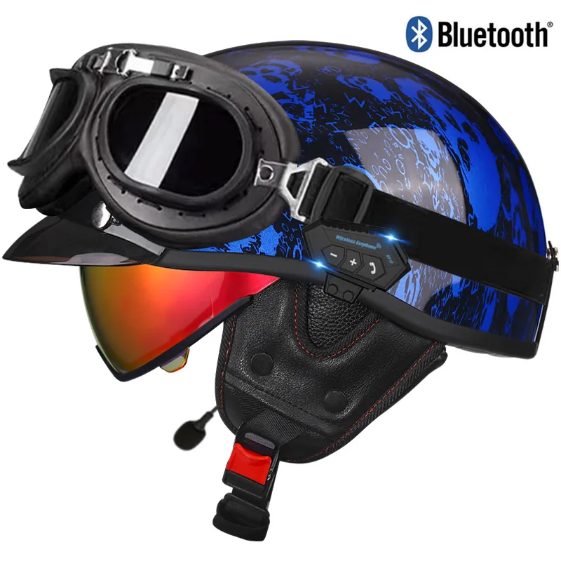 Retro 1/2 Open Face Motorcycle Helmet - DOT Certified Bluetooth Helmet with Integrated Clear Visor & Inner Lens