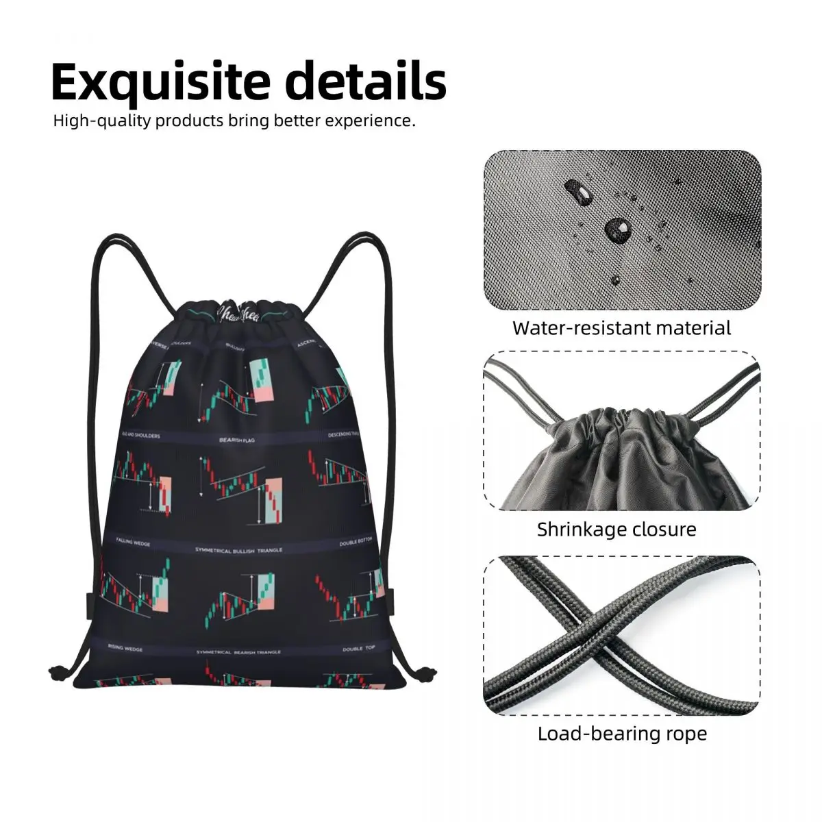 Trading Chart Patterns Drawstring Backpack Women Men Gym Sport Sackpack Portable Stock Trading Forex Shopping Bag Sack image 3