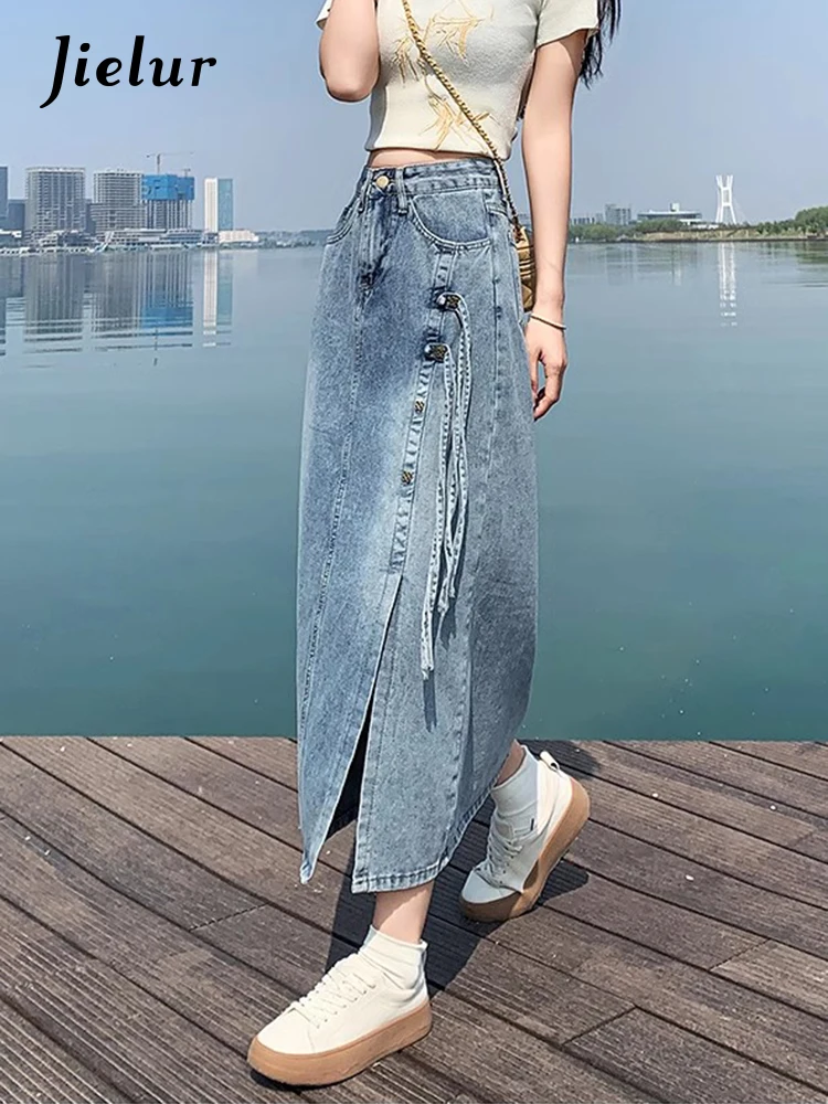 Fashion Street Casual Loose Woman Skirts Summer New High Waist Slim Denim Women Skirts Simple Basic Slit A-Line Skirts Female